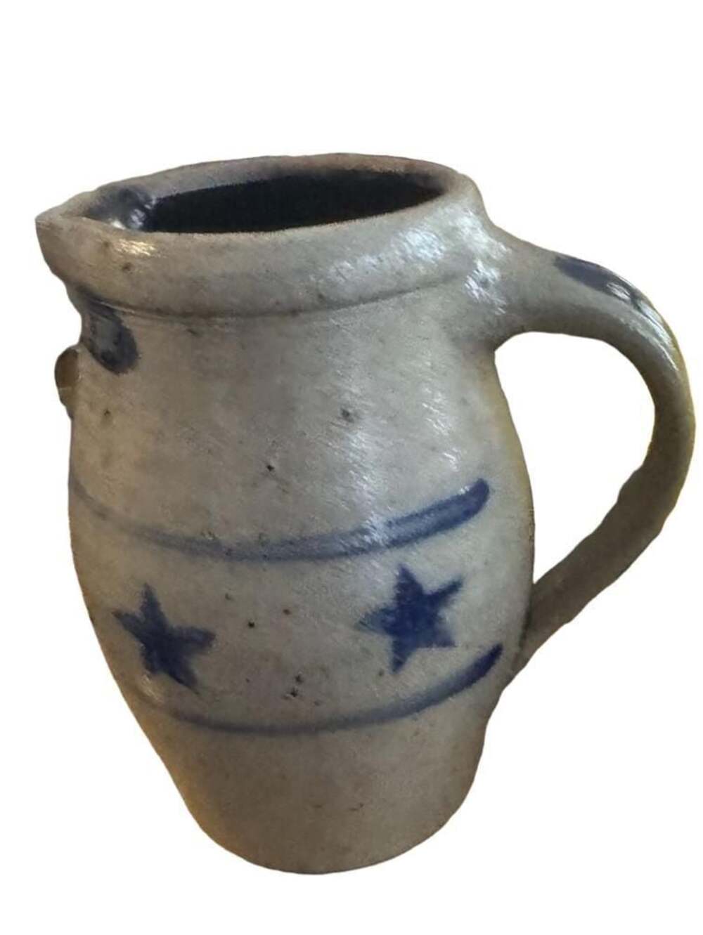 Rowe Pottery Works Salt Glazed Stoneware Pitcher with Blue Star Pattern